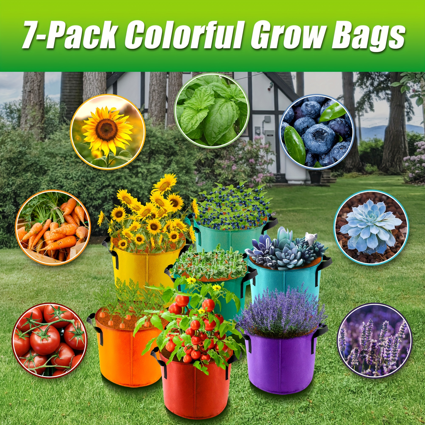Colorful Grow Bags 10 Gallon 7-Pack with Handles | Breathable Fabric Plant Pots for Tomatoes Vegetables Flowers | Aeration Planter Indoor Outdoor Garden
