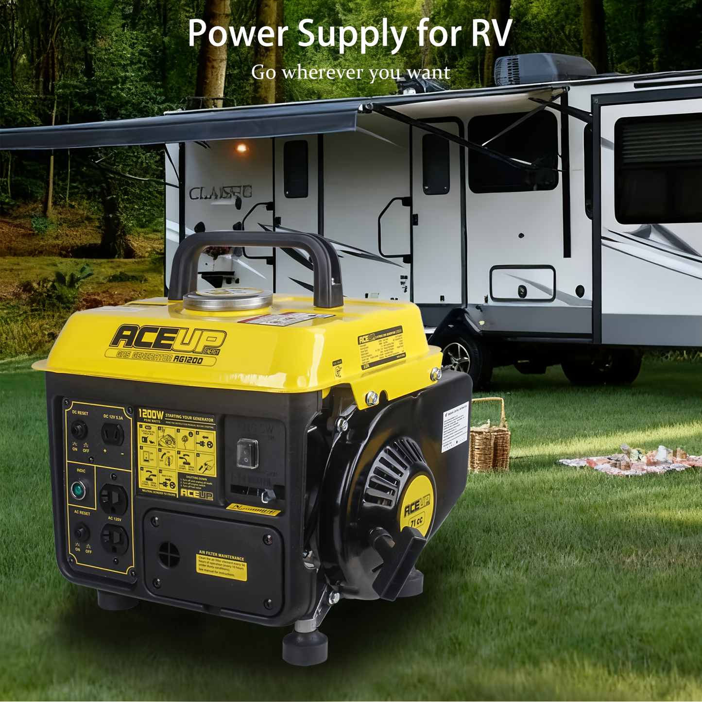Portable Gas Generator 1200W Peak 900W Rated | 71cc 2-Cycle Engine Recoil Start AC DC Outlets | Camping RV Emergency Backup Low Noise EPA CARB