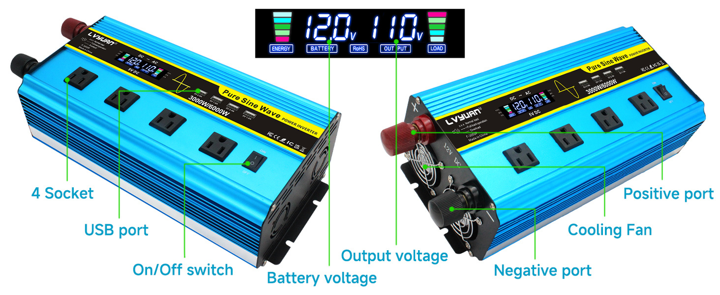 Pure Sine Wave Inverter 3000W 6000W Peak DC 12V 24V to AC 110V with LCD Display 4 AC Outlets Wireless Remote Control for RV Truck Vehicle Camping Home Backup