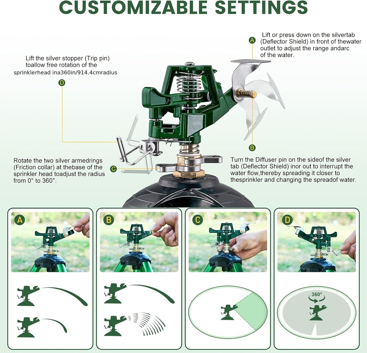 Impact Sprinkler Tripod 360° Zinc Head Lawn Yard Irrigation Flip Lock
