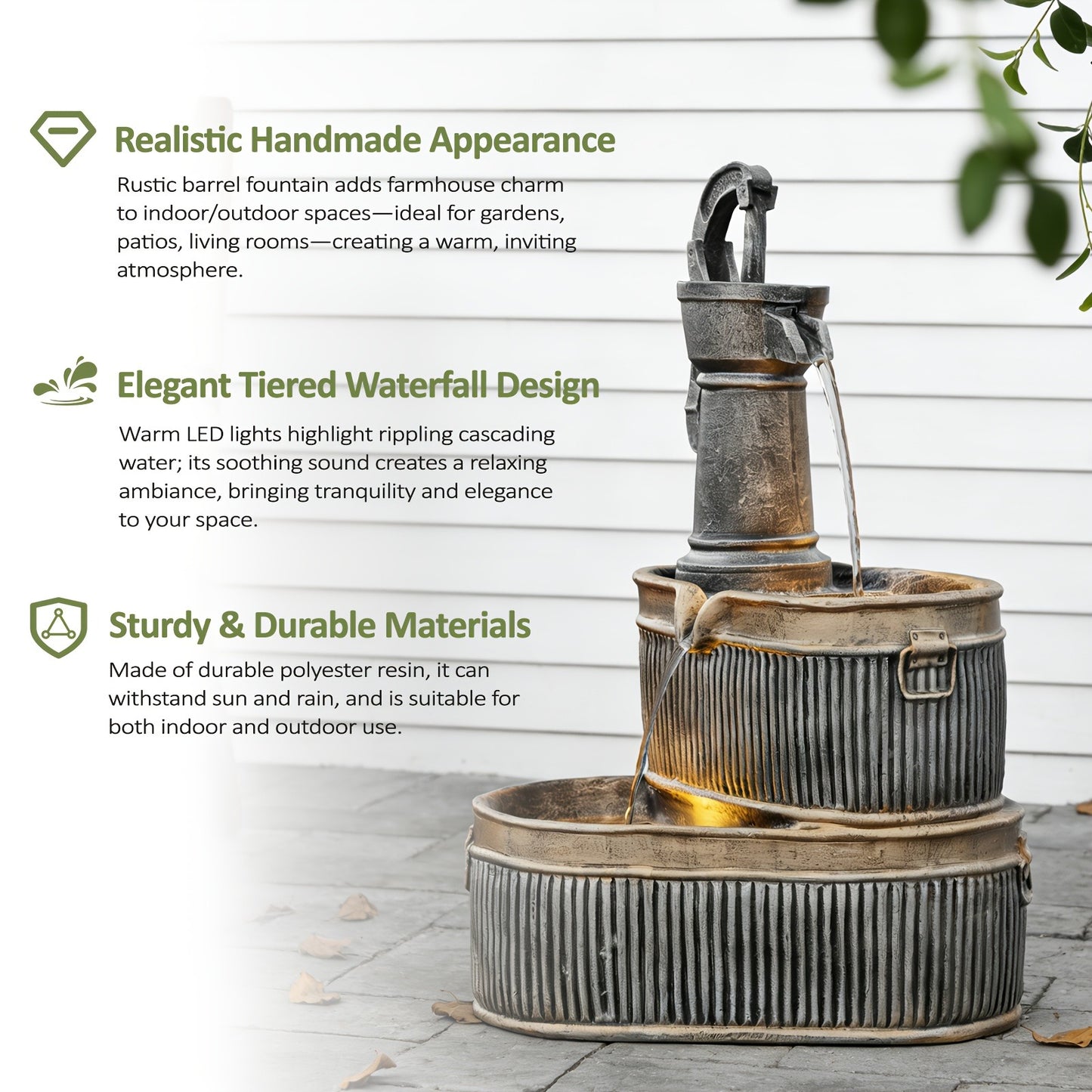 Outdoor Water Fountain 2-Tier Barrel with LED Light & Pump - Rustic Resin Garden Fountain for Patio, Yard & Deck Decor, Bronze Finish, Continuous Flow