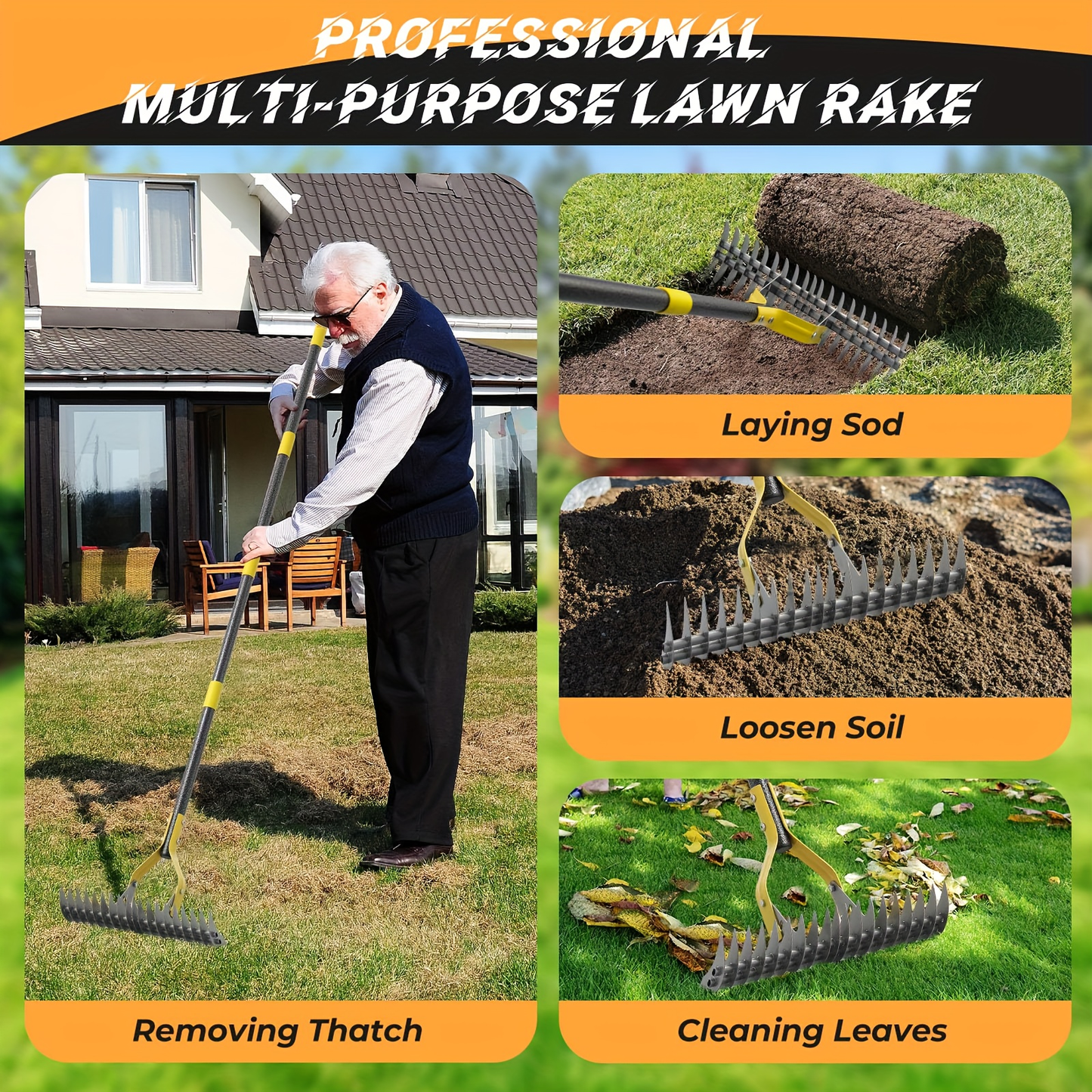 Thatch Rake Heavy Duty Dual-Action - 15-Inch Manual Dethatcher & Lawn Scarifier with Sharp Metal Blades for Dead Grass Removal, Soil Loosening & Lawn Aeration - Available in 55 & 70 Inch Handle