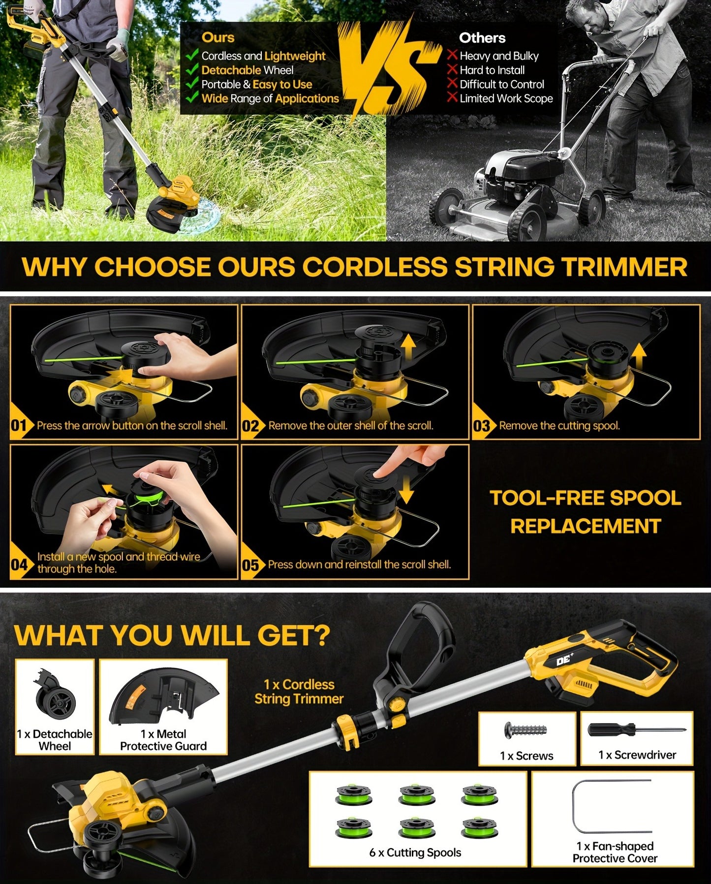 Cordless String Trimmer for DeWalt 20V Max, 12-Inch 20000RPM Brushless 3-in-1 Weed Eater with Auto-Feed, 6 Blades & 4 Spools – Lawn Edger & Patio Cleaner, Tool Only