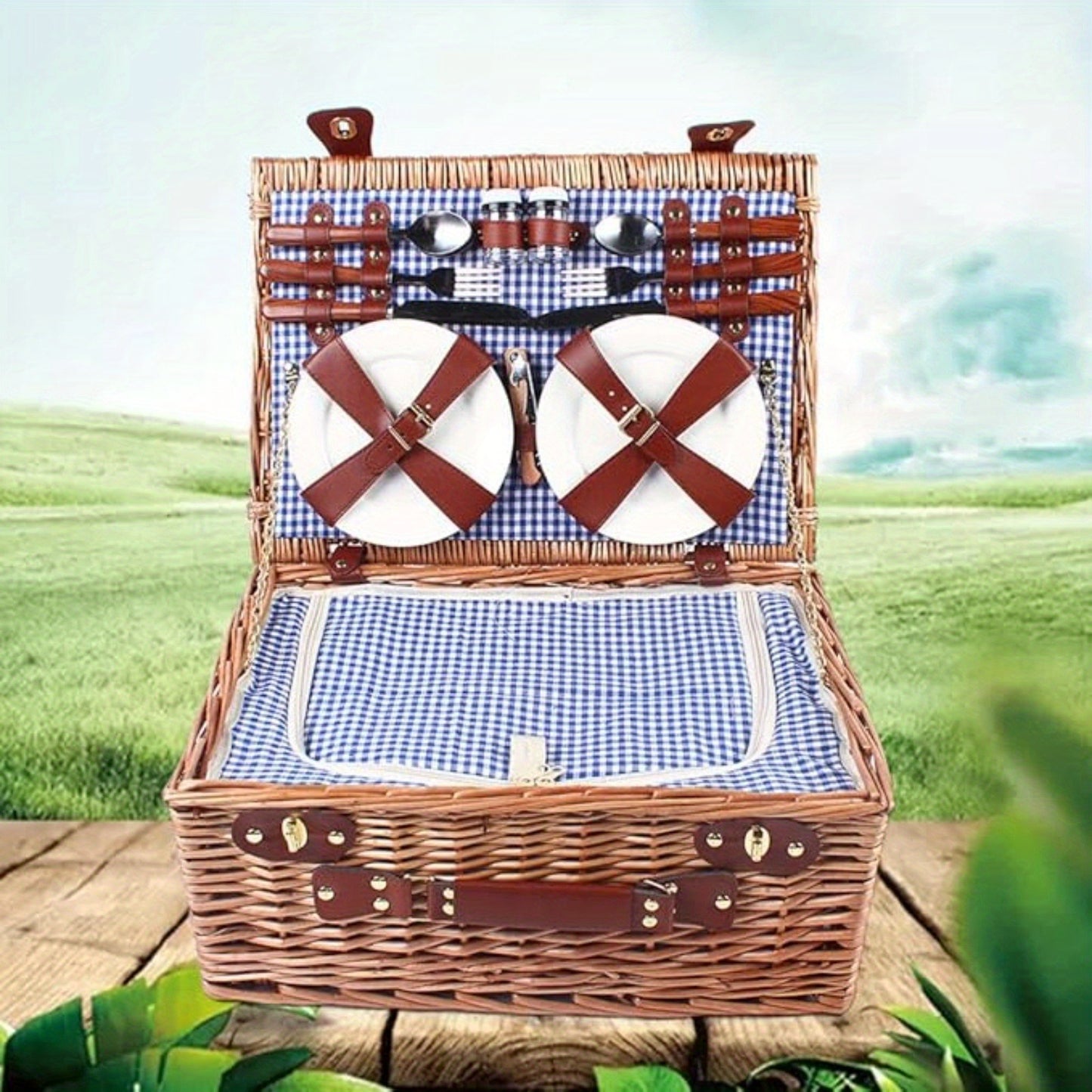 Wicker Picnic Basket for 4 with Insulated Cooler – Large Willow Hamper Set with Cutlery, Ceramic Plates, Wine Glasses for Camping, BBQ & Outdoor Gatherings