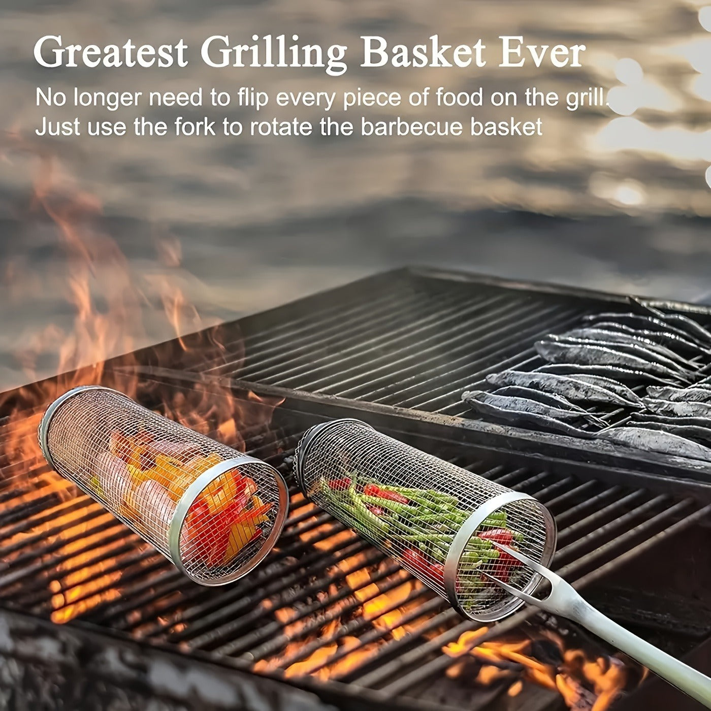 Rolling Grill Basket Stainless Steel 2-Pack – Cylinder BBQ Basket with Hook & Fork for Vegetables, Meatballs & Seafood | Outdoor Camping Bonfire Grill Accessory