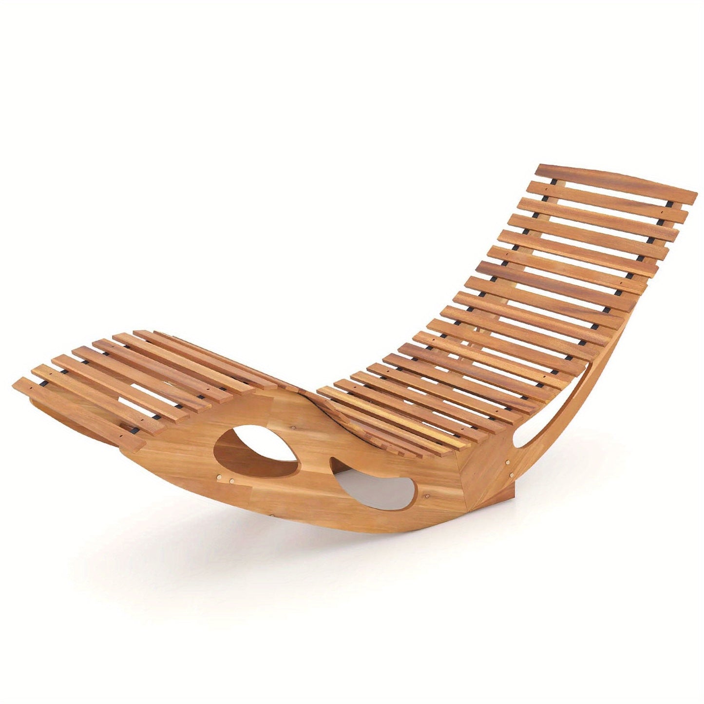 Acacia Wood Rocking Chaise Lounge Outdoor High Back Ergonomic Slatted Seat Stopper 350lb Patio Rocker for Deck Poolside Garden