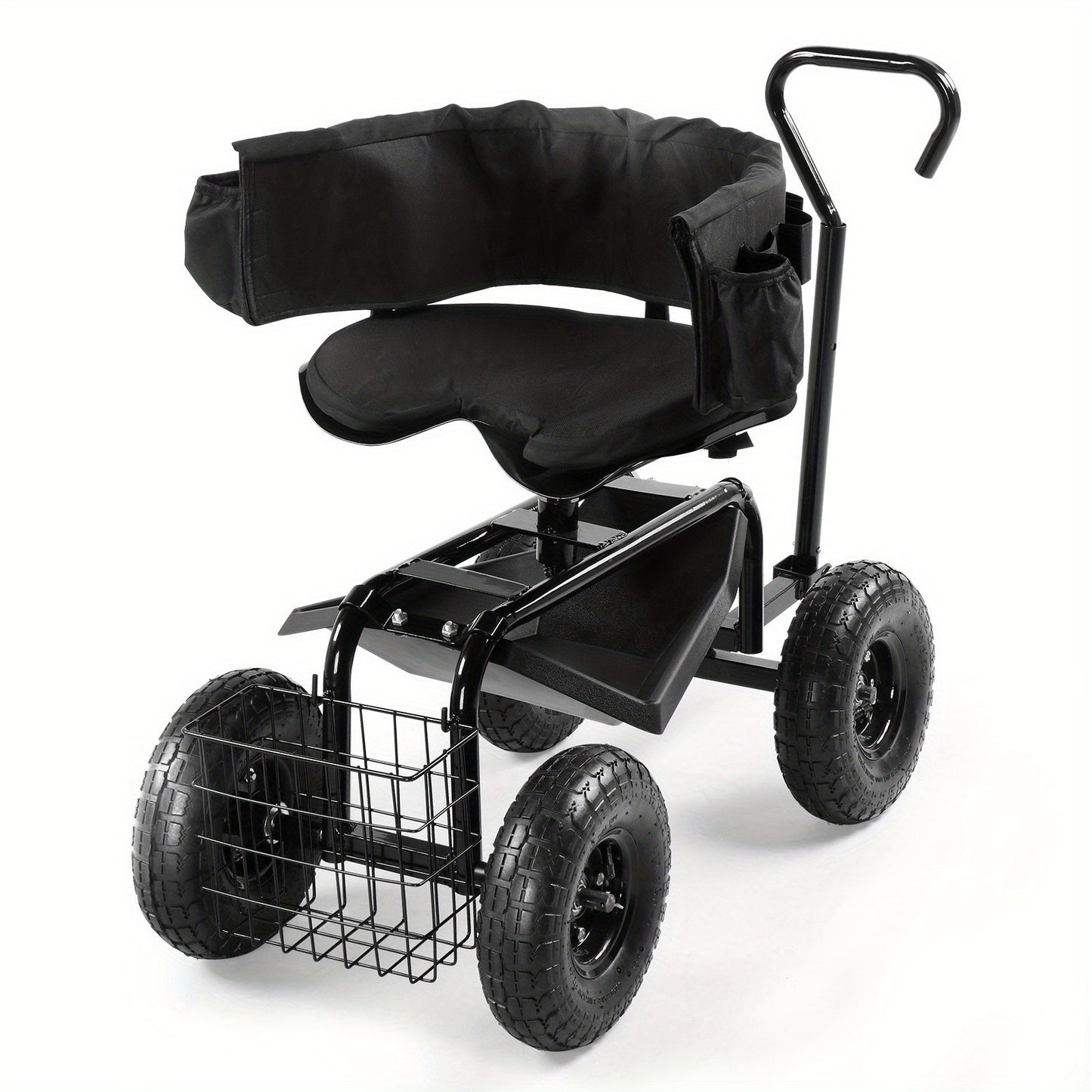 Rolling Garden Seat Cart | Backrest, Cushion, Telescopic Handle & Storage Basket, Steel Frame