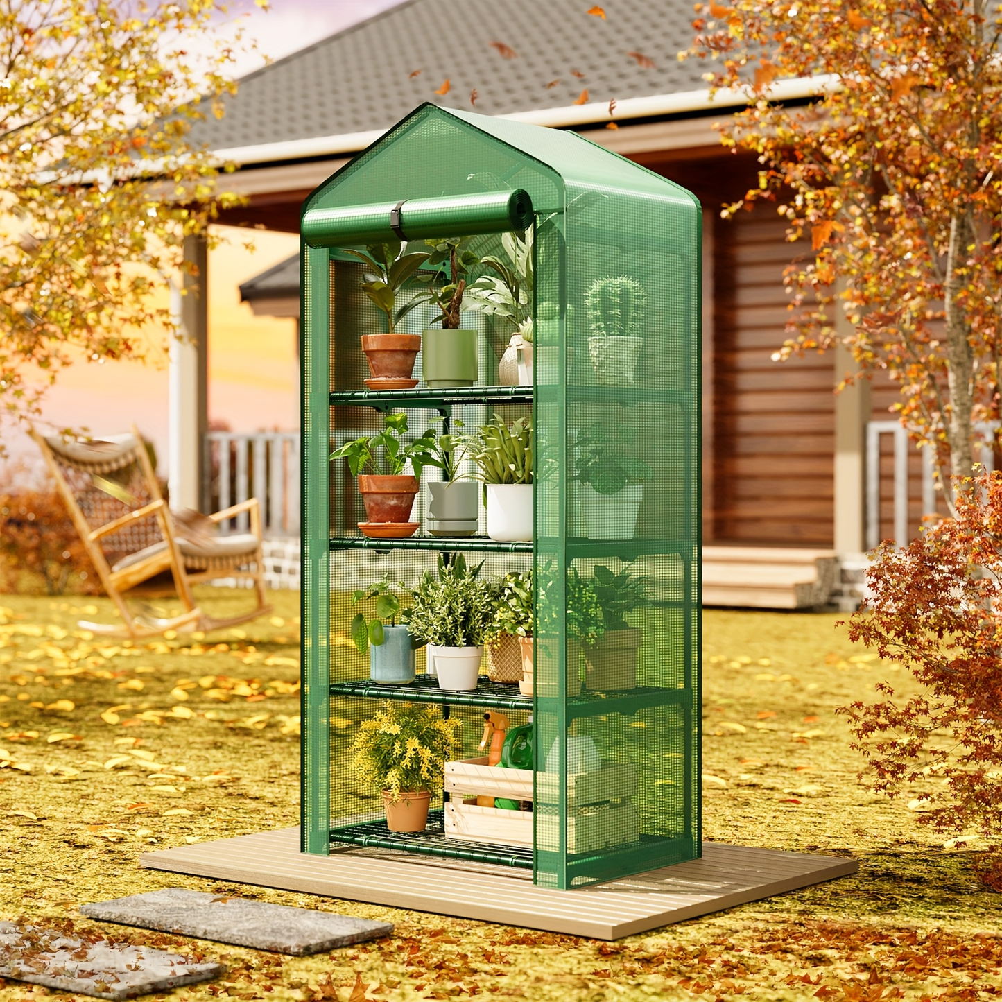 4 Tier Mini Greenhouse for Indoor Outdoor Plants – Portable PE Cover Greenhouse with Rack Stand for Seedlings, Seasonal Decoration & Year-Round Plant Care