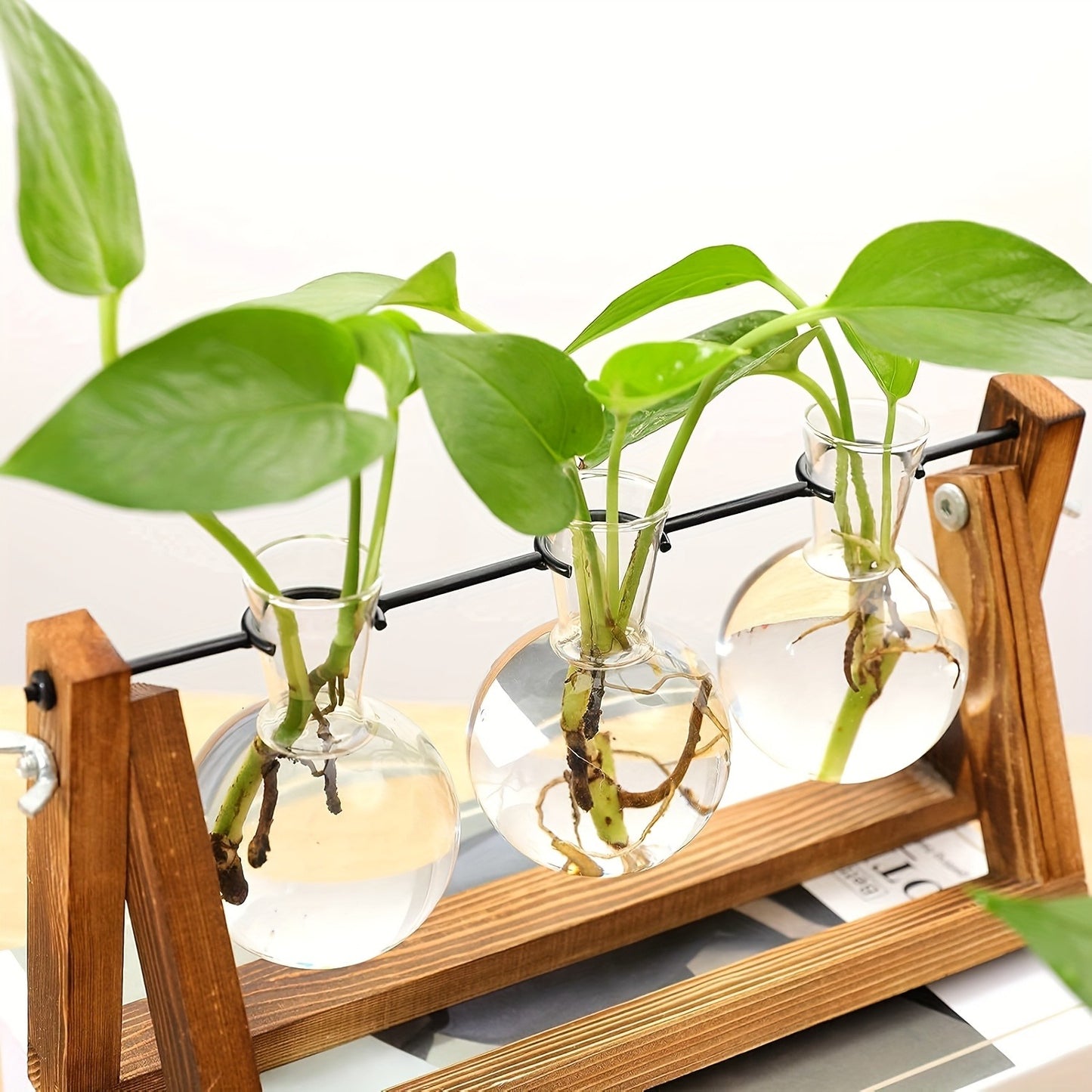 Propagation Station 3 Bulb Glass Vase with Wooden Stand - Hydroponic Plant Terrarium for Home Office Desk Decor, Unique Gardening Gift for Women Plant Lovers, Boho Cottagecore