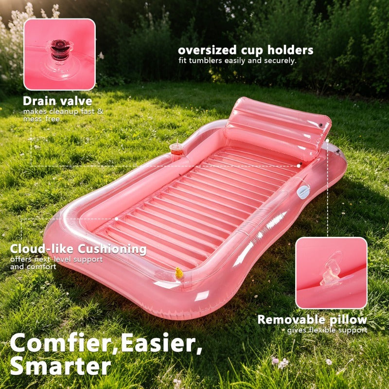 Inflatable Tanning Pool Lounger with Sprinkler | 74"x45" XL Pool Float with Pillow & Cup Holder for Adults