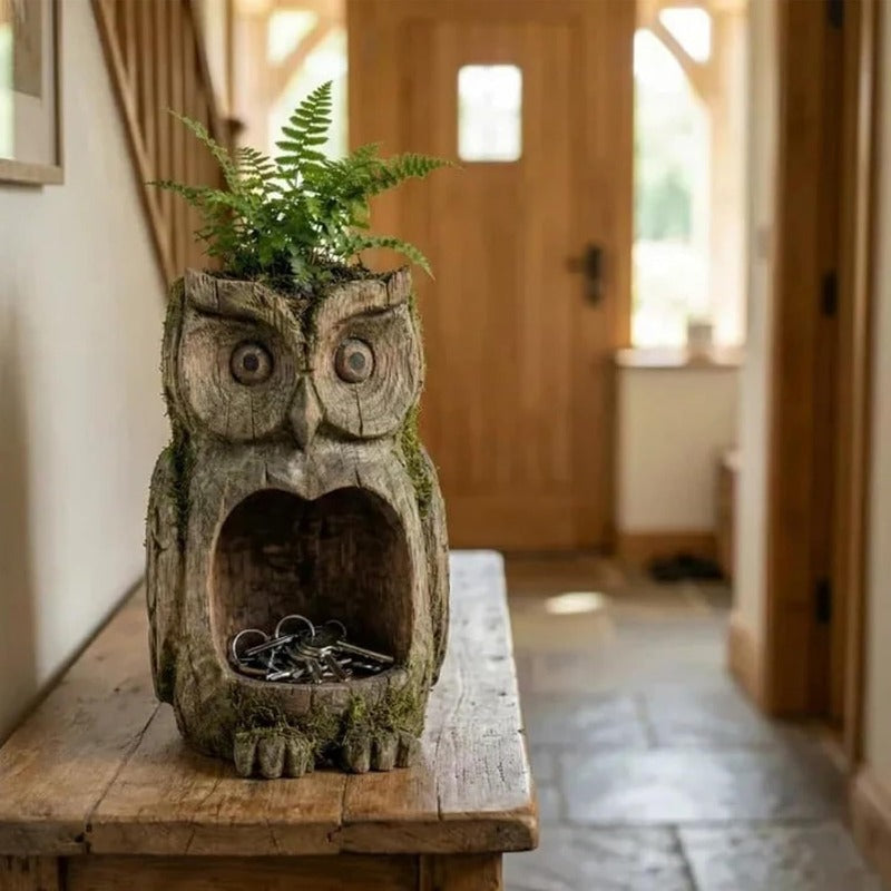 Bird Feeder Hanging Outdoor Rustic Wood Owl-Shaped Plant Pot for Patio Lawn Garden Decor - Open Design Decorative Planter for Bird Seed or Plants, Wood Grain Finish