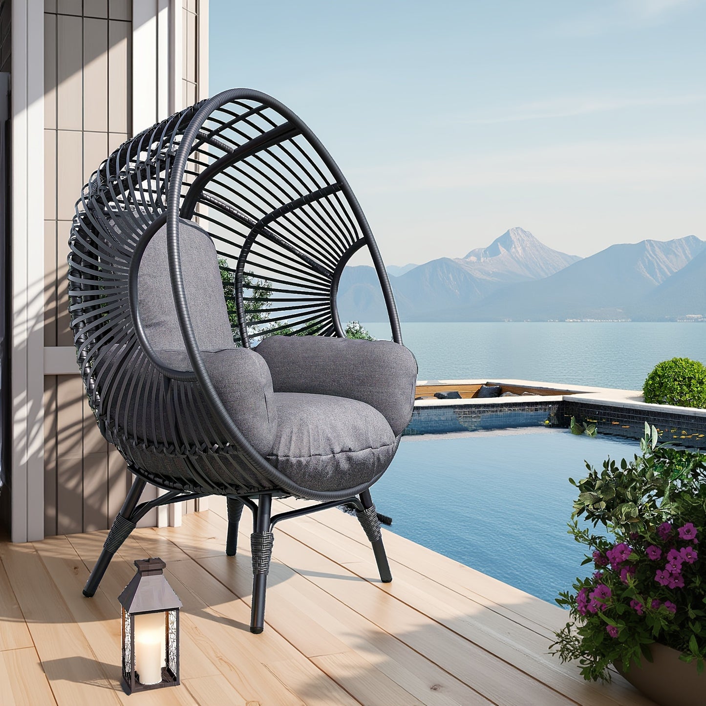 Egg Chair Outdoor Wicker Oversized Hanging Basket Chair with Stand & Cushion 500LBS Capacity UV-Resistant Rattan Style Patio Lounge Chair for Garden Backyard Balcony Porch Beige Black