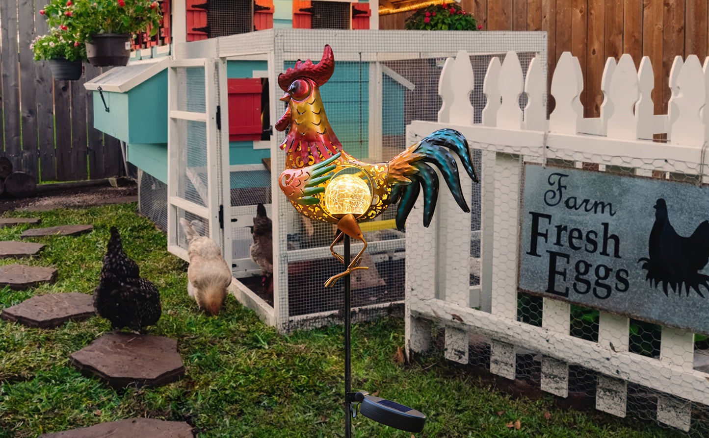 Solar Chicken Garden Lights Outdoor Decorative LED Rooster Yard Art Stake Metal Statue Gifts for Chicken Lovers Women Patio Lawn Decor