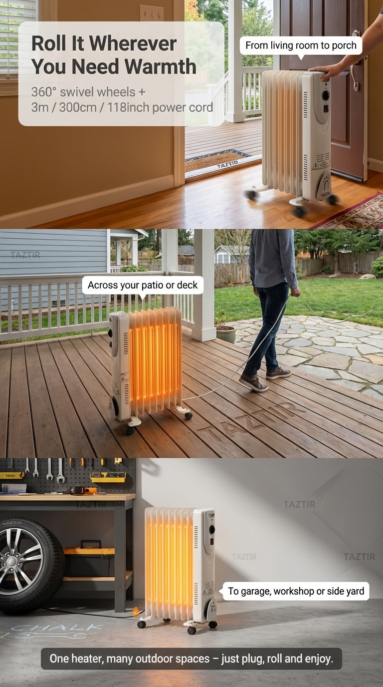 Oil Filled Radiator Heater 1500W Portable Electric Space Heater with 3 Heating Modes 600W/900W/1500W, Adjustable Thermostat, Overheat & Tip-Over Protection, Heavy-Duty Metal Housing with Casters