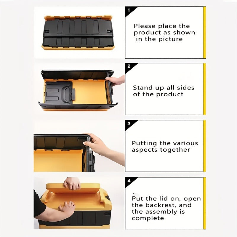Folding Storage Box & Fishing Stool 2-in-1 – Large Capacity Portable Organizer with Backrest for Car Trunk, Outdoor Camping, Beach & Home Storage