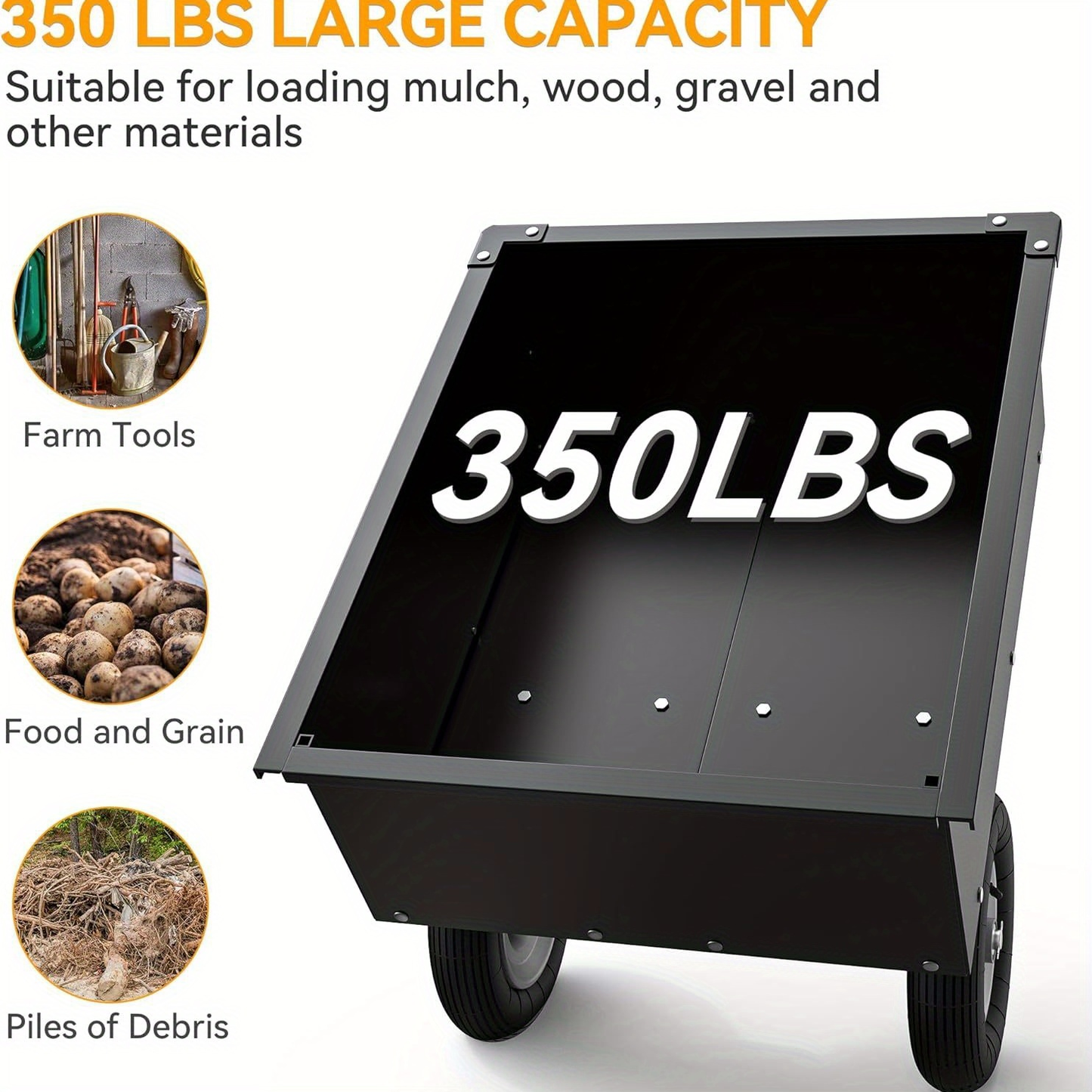 Dump Cart 350LB Steel Tow Behind for Lawn Mower ATV UTV – Heavy Duty Garden Utility Trailer with Quick Release Pedal & Detachable Tailgate