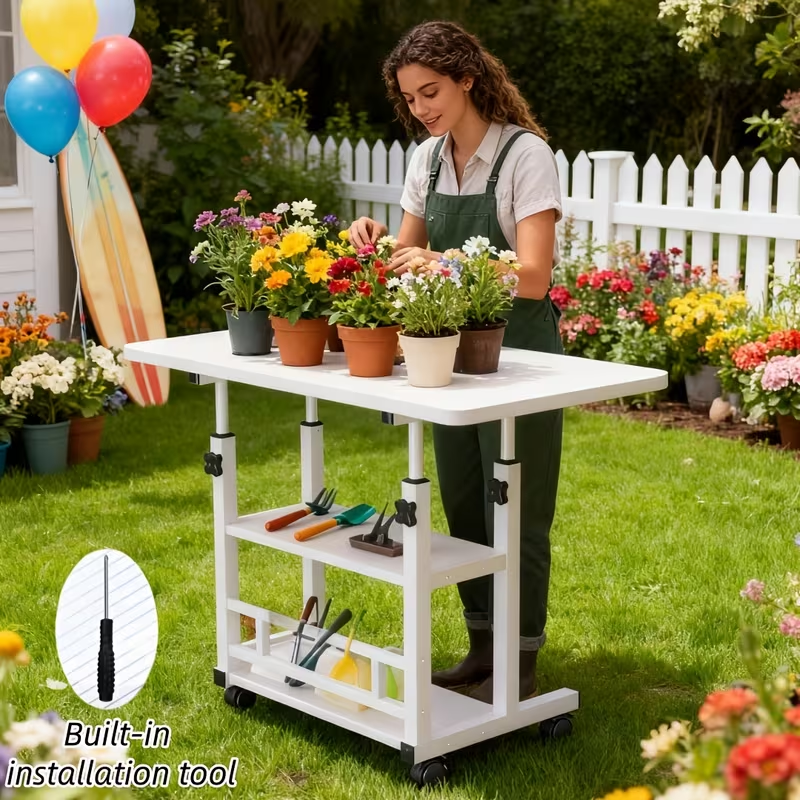 Garden Workbench | Adjustable Metal Potting Table Patio Outdoor Indoor