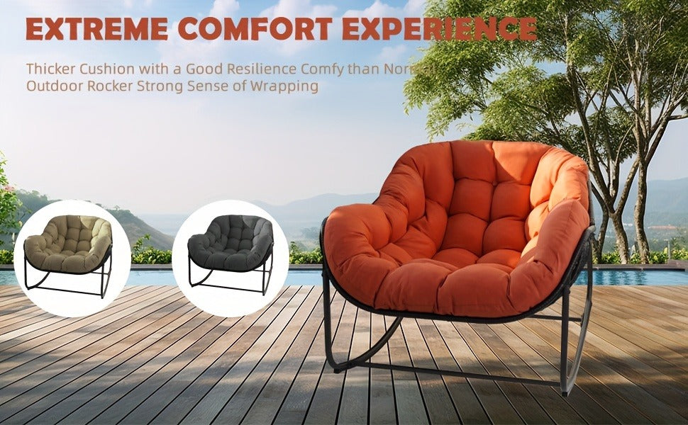 Papasan Rocking Chair Outdoor Wicker Egg Chair with Cushion & Pillow, Large Patio Rocker for Garden, Backyard & Porch, 8 Colors