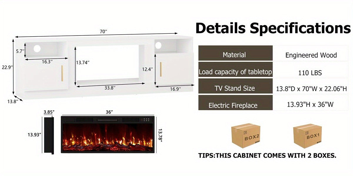 TV Stand with Fireplace 70 Inch for TVs up to 80" 36" Electric Fireplace LED Light Entertainment Center Highlight Storage Cabinet Modern Wood Media Console