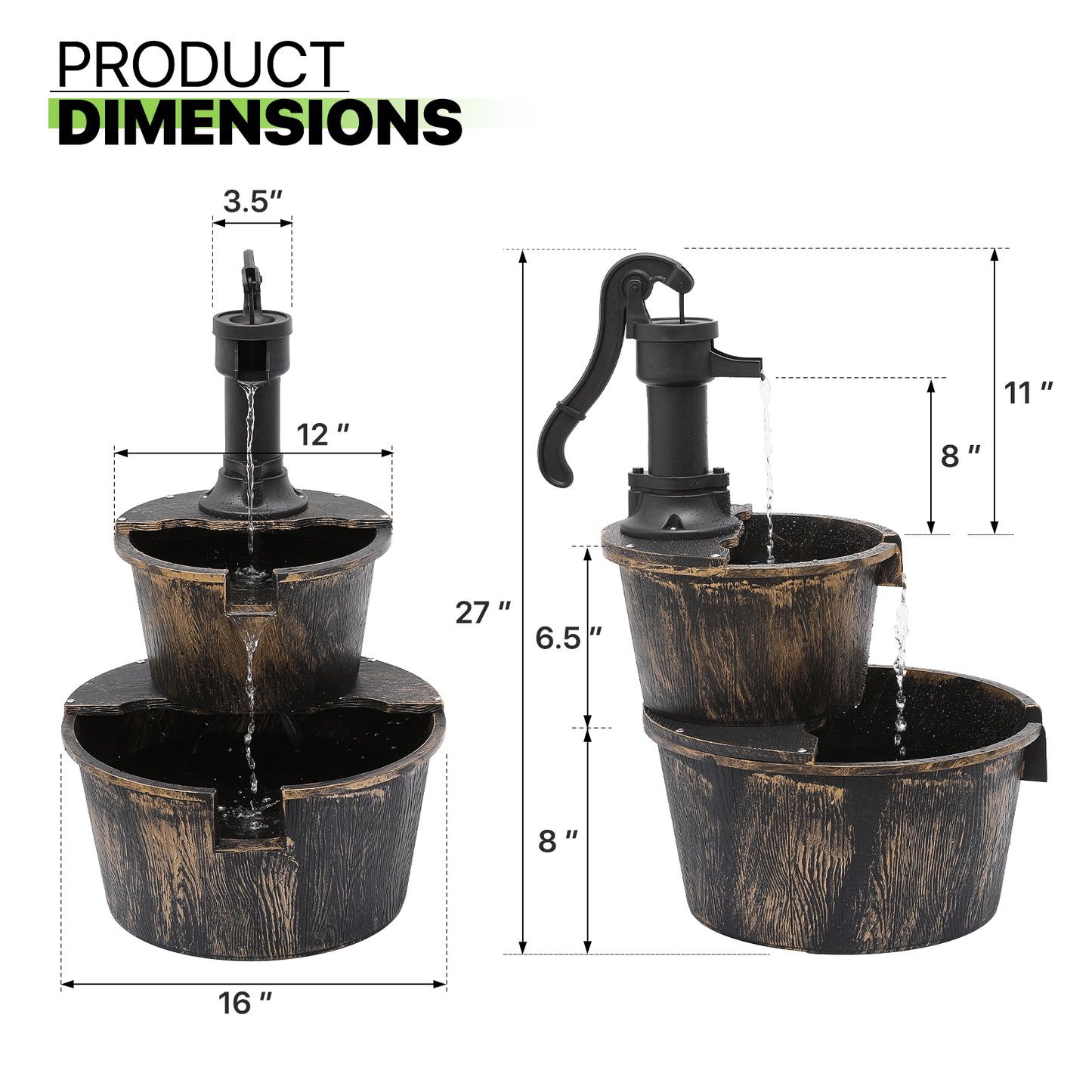 Outdoor Water Fountain | 2-Tier Barrel Waterfall Patio Garden Decor