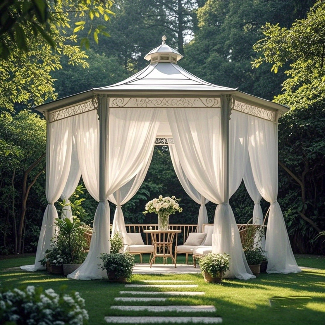 Outdoor Sheer Curtains Mosquito Net Drapes, 2/4 Pcs White Transparent Rod Pocket Handcraft Fabric, Adjustable for Gazebo Porch Patio Backyard Courtyard Cottage, Indoor Wedding Decor