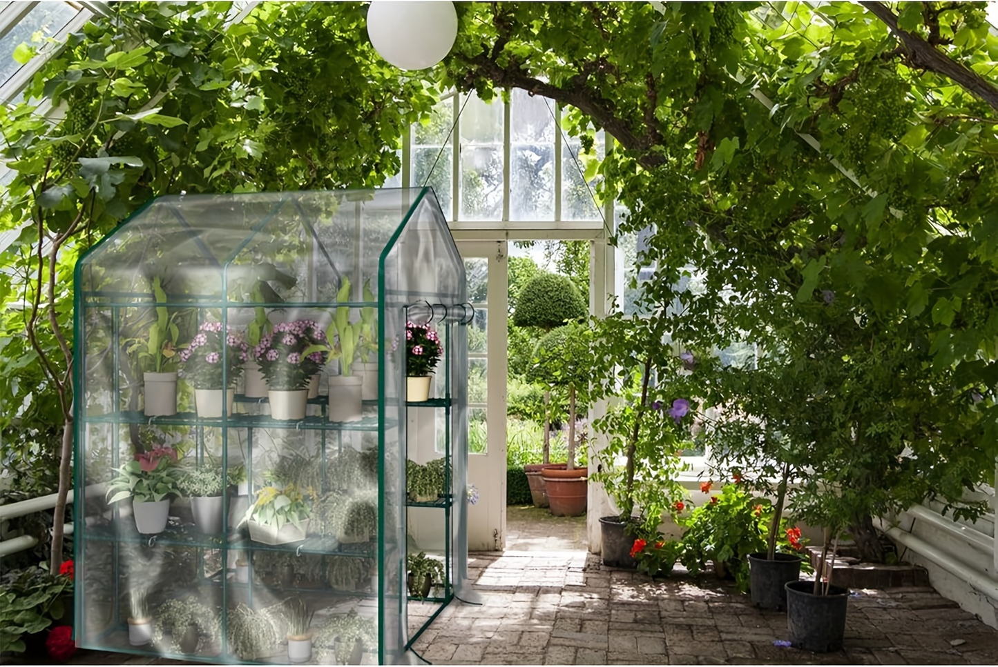 Portable Greenhouse 4.7x4.7x6.4ft with 14 Shelves, Heavy Duty PE Cover Walk-In Garden Greenhouse for Outdoors & Indoors, Clear