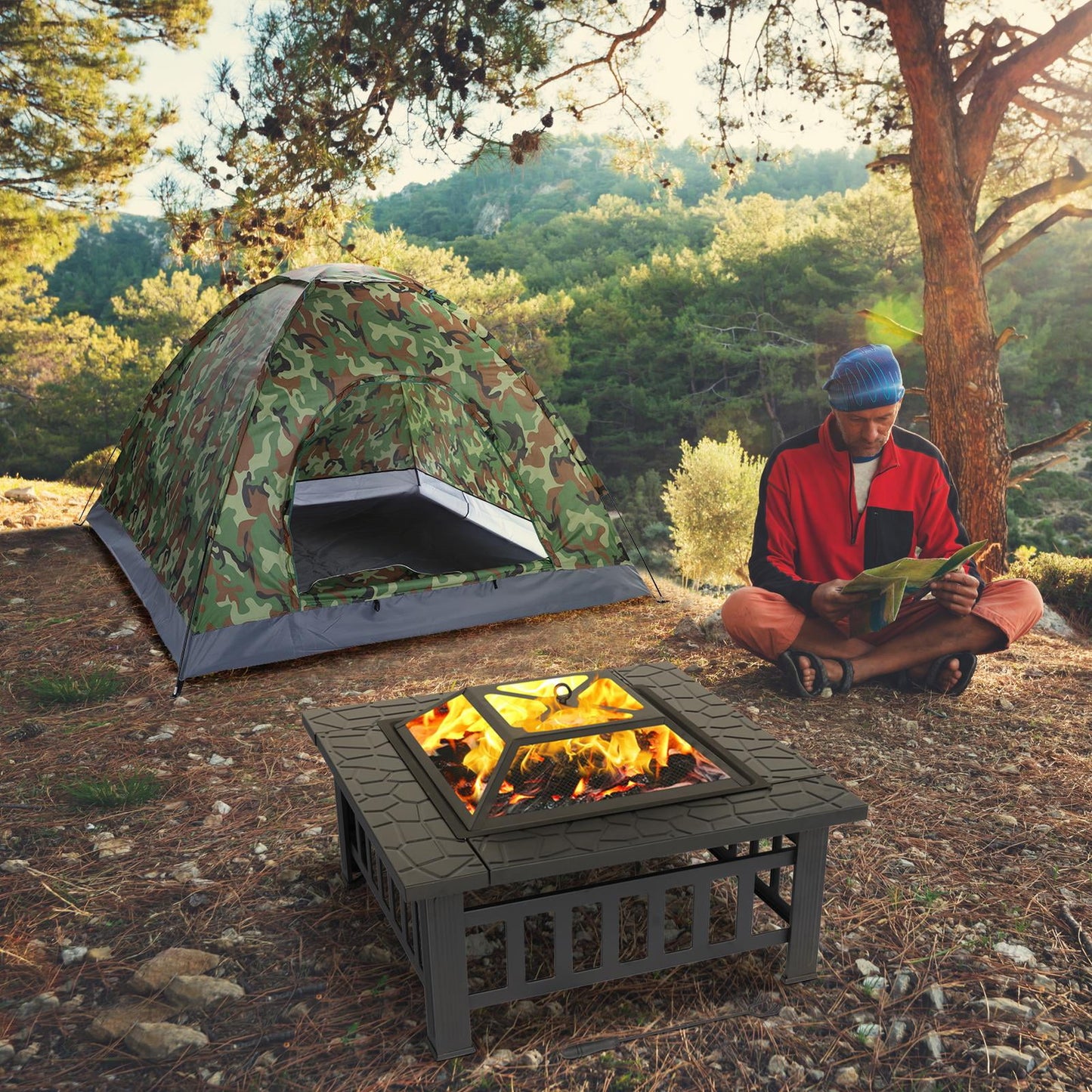 Fire Pit | Square Outdoor Metal BBQ Patio Backyard Camping Fireplace