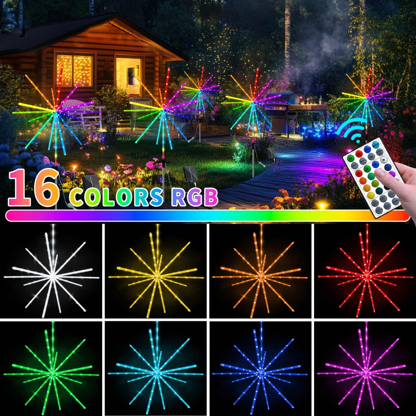 Solar Meteor Lights Outdoor 4 Pack 336 LED True 3D Firework Effect IP65 Waterproof Ground Stake with Remote Control Multi-Color – Garden Patio Christmas Valentine Party Camping Decoration
