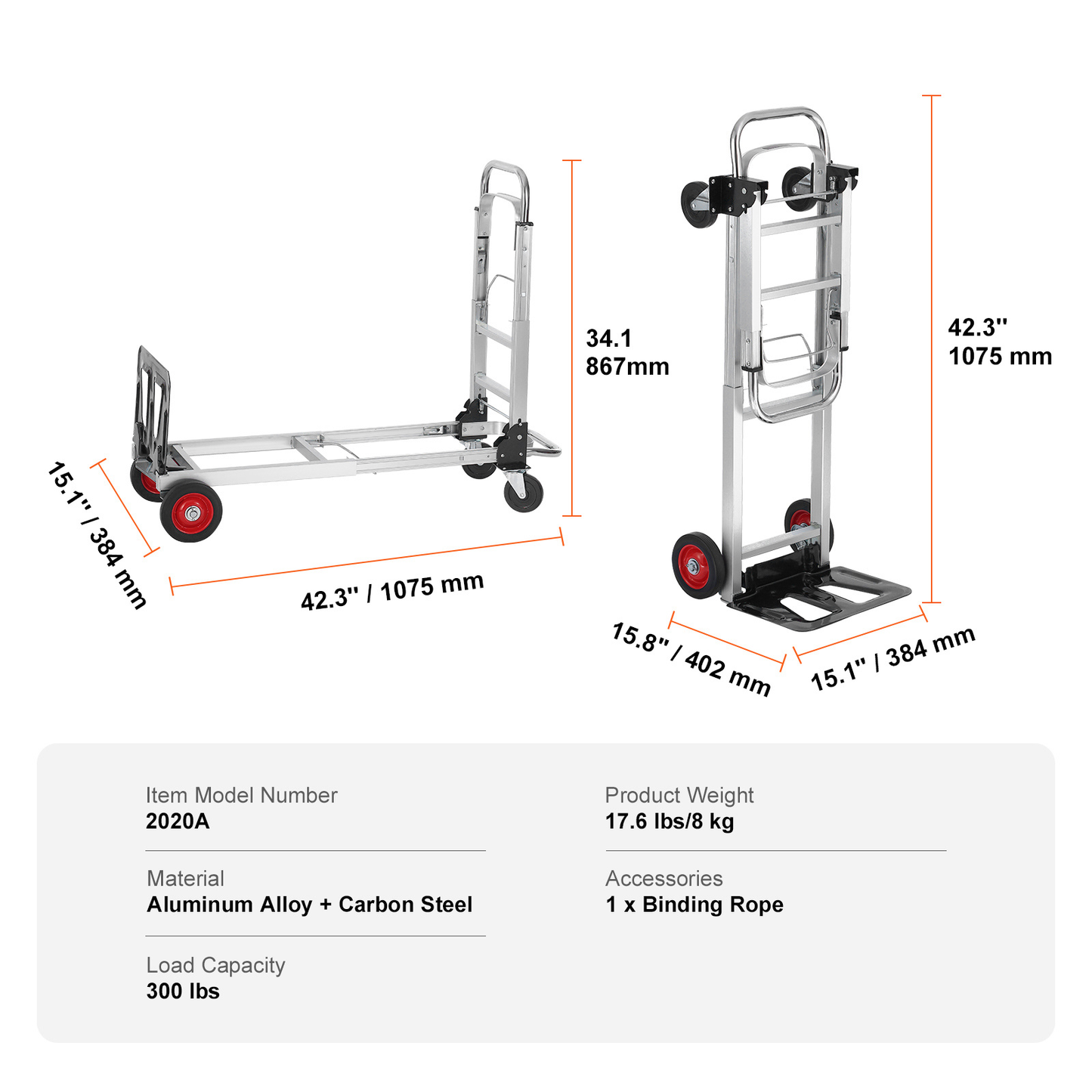 Folding Hand Truck 2-in-1 Convertible 400 LB Capacity Aluminum Carbon Steel Frame 360° Brake Wheels Collapsible Dolly Cart for Warehouse Garden Moving