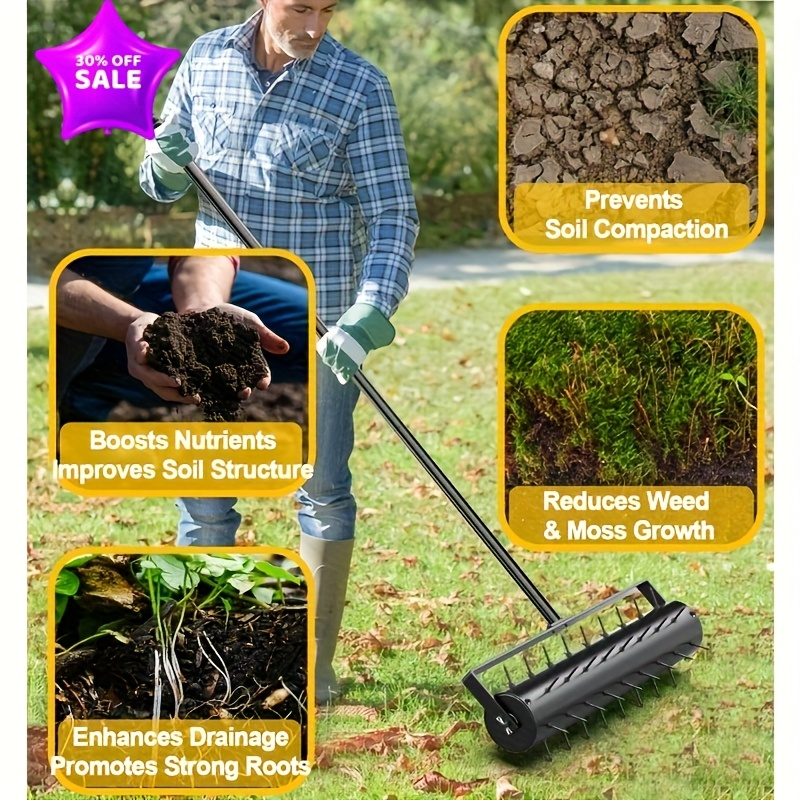 Lawn Aerator Manual Heavy Duty 60" Long Handle with Large Tine Wheel, Metal Construction for Deep Soil Aeration, Dethatching & Weeding, Yard Garden Sports Field