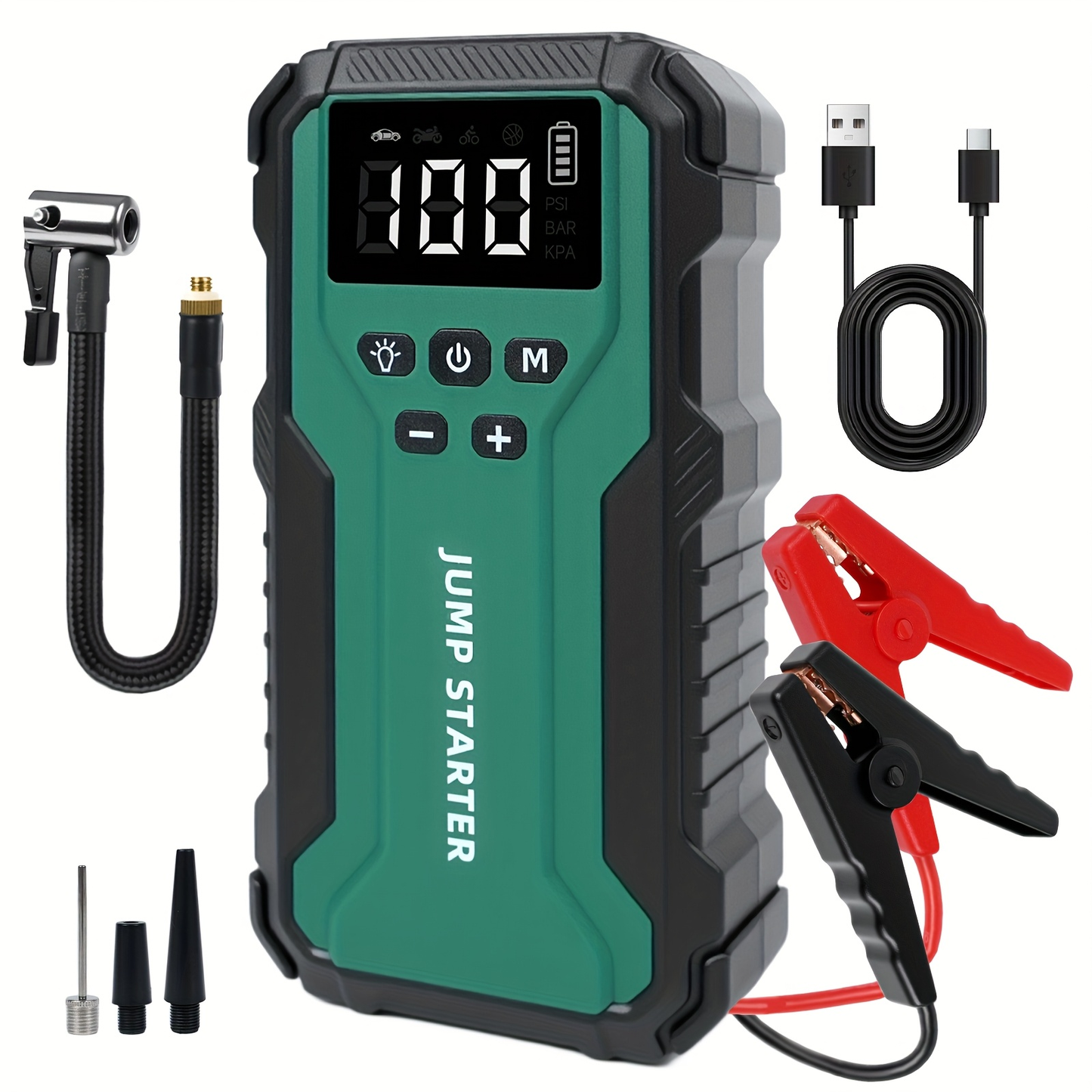 Car Jump Starter 10000A 7-in-1 Portable Battery Booster with Air Pump, Digital Tire Inflator 150PSI, LED Emergency Light for Gas & Diesel Vehicles