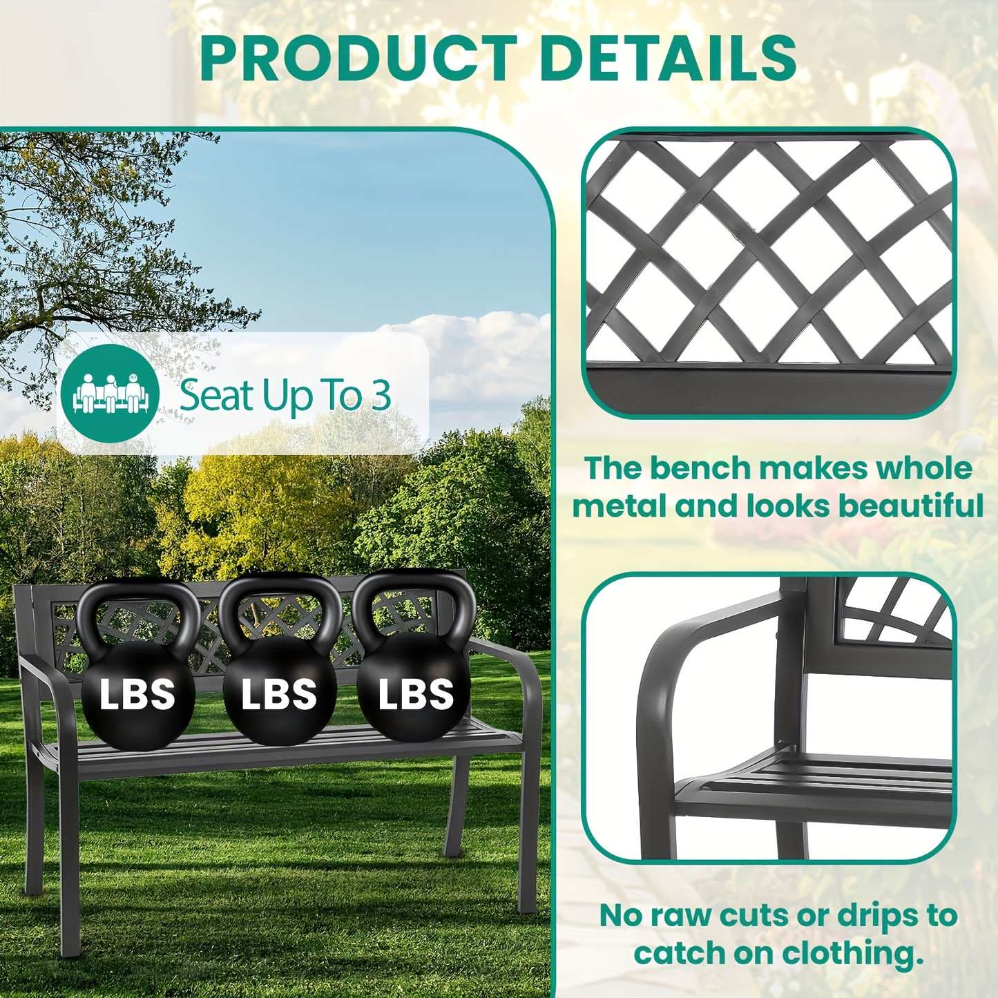 Garden Bench Outdoor Solid Black Heavy Duty Metal Frame Patio Seating Park Bench for Backyard Lawn Porch Entryway Deck Outdoor Furniture Classic Design