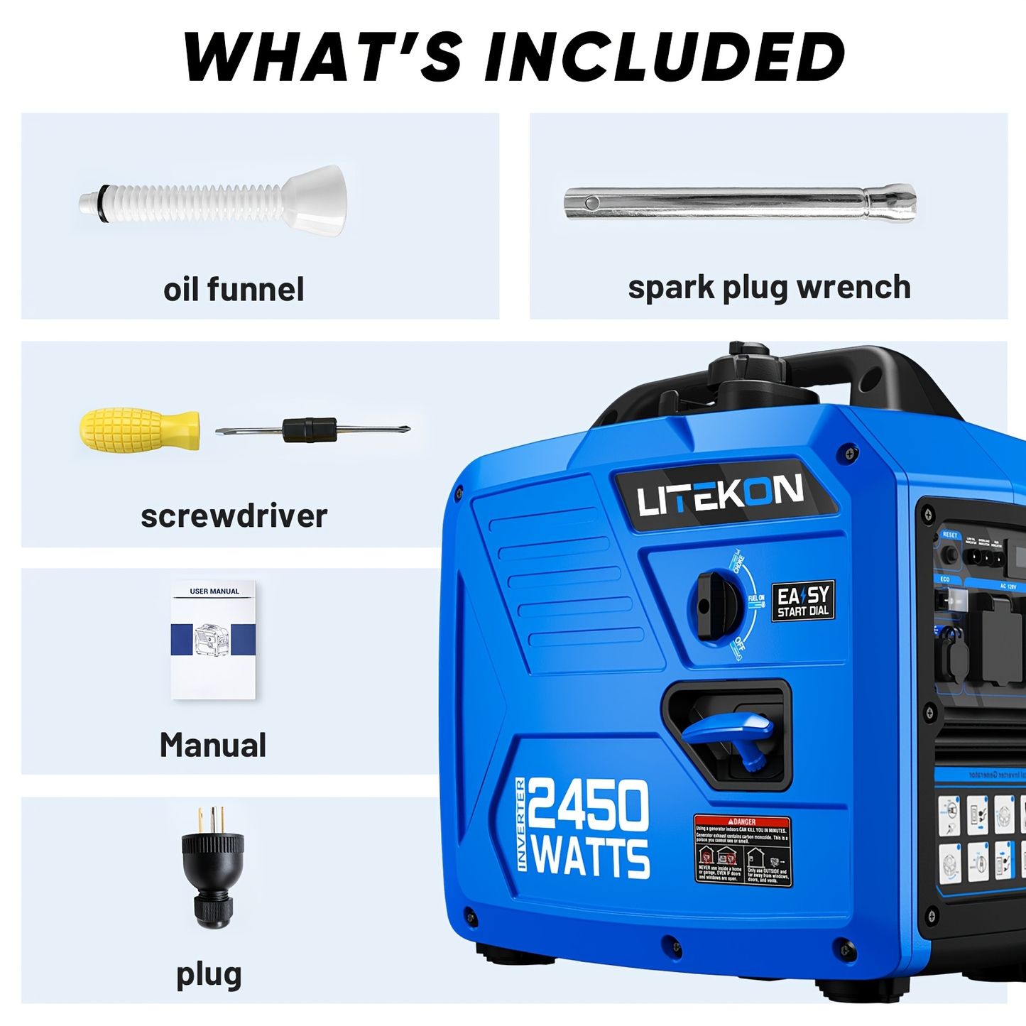 Inverter Generator 2450W Portable Super Quiet Gas Powered – 120V, 1.6 Gal Tank 8.3Hr Run Time, EPA Compliant, for Home Backup, Camping & RV Use