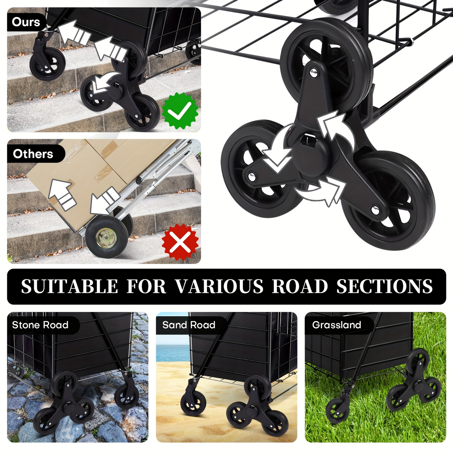 Stair Climbing Cart 8 Wheels 100 LBS Capacity Collapsible Utility Cart Foldable Grocery Dolly with Dual Basket Stainless Steel Frame for Home Office Moving
