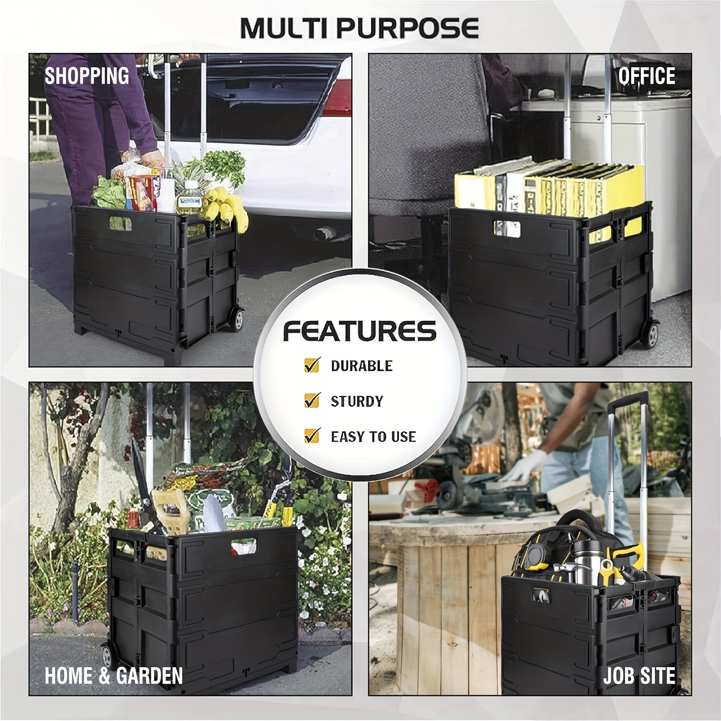Collapsible Rolling Cart with Wheels – 80 Lbs Heavy Duty Foldable Crate on Wheels for Teachers, Shopping & Storage, Lid Doubles as Seat, Portable Utility Tote Basket