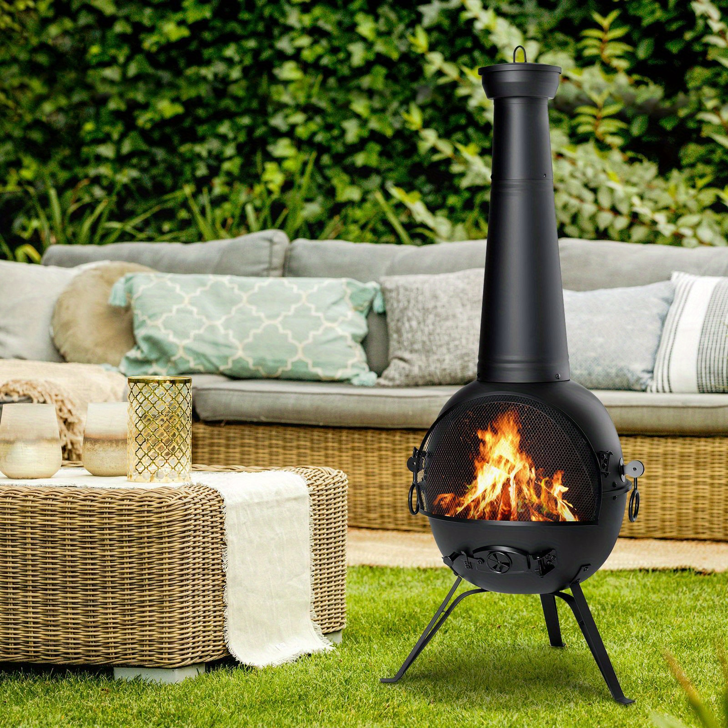 Cast Iron Chiminea 26 Inch Outdoor Patio Fireplace Wood Burning Fire Pit with Cover & Air Vent
