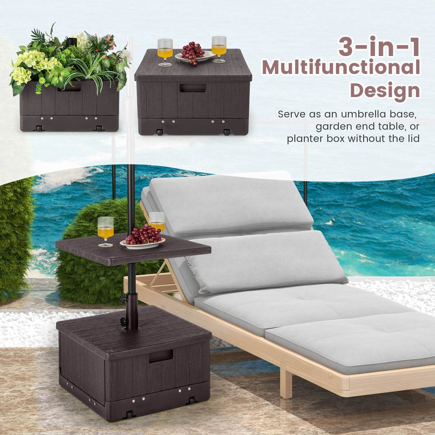 Patio Umbrella Base 3-in-1 Fillable 175 lbs with Table Tray & Planter Box Wheeled Stand Fits 1.5"/1.9" Poles 6-10 ft Market Offset Umbrellas HDPE Brown