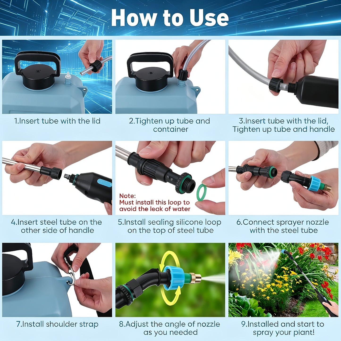 Garden Sprayer Battery Powered Electric USB Rechargeable 1.6-2.4 Gal with 3 Mist Nozzles Adjustable Shoulder Strap for Lawn Yard Plant Watering