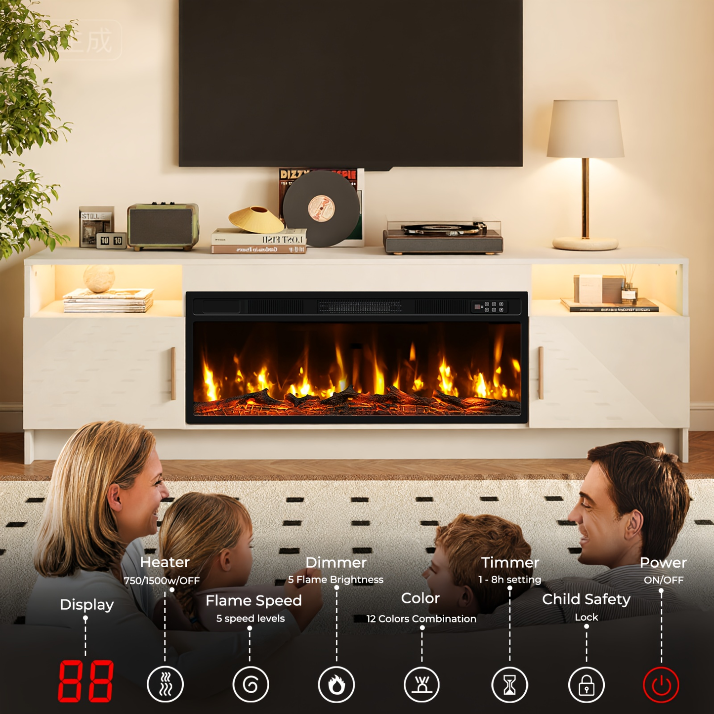 Entertainment Center with Electric Fireplace 70 Inch TV Stand for TVs up to 80" 36" Fireplace 20-Color LED High Gloss Storage Cabinet Wood Grain