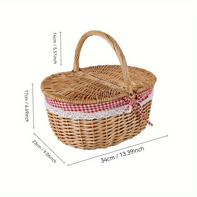 Lined Picnic Basket with Lid & Handles – Vintage Handcrafted Willow Woven Hamper with Linen Lining & Red White Checkered Tablecloth for Picnics & Camping