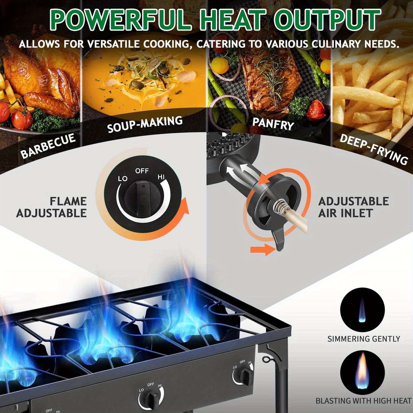 Outdoor Propane Burner Stove Cast Iron 1 or 3 Burner, 225000 BTU High-Pressure Cooker with Adjustable Heat, Removable Legs, for Camping Tailgating Frying Brewing Wok Cooking