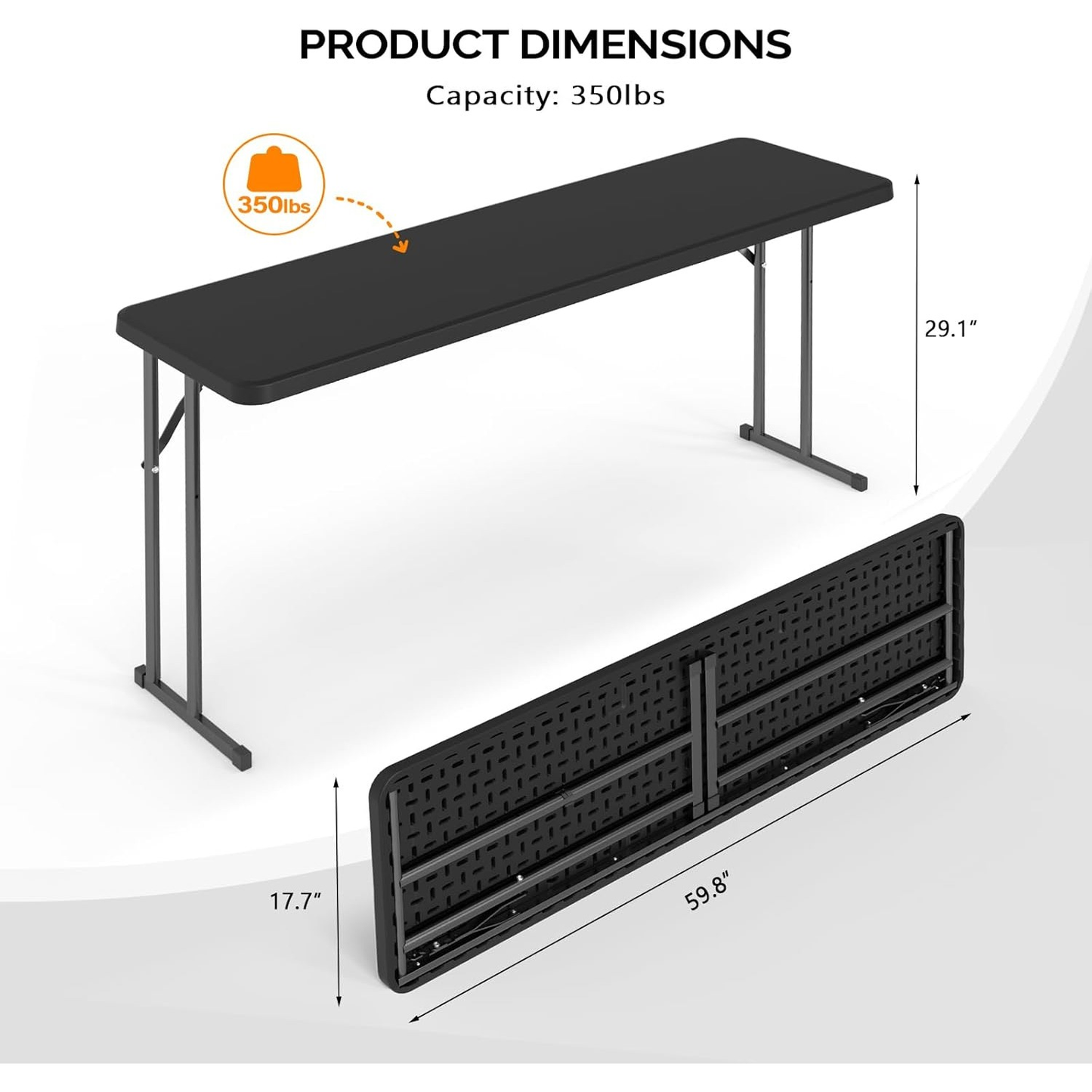 Folding Table 6 ft Narrow HDPE Top 350 lbs Capacity Steel Frame Portable Indoor Outdoor Table for Party, Buffet, Camping & Office