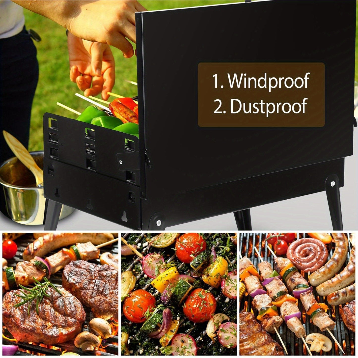Charcoal Grill Portable BBQ with Hood – Foldable Compact Outdoor Barbecue Grill for Camping Tailgating Picnic Backyard Cookouts | Lightweight Steel with Accessories Included