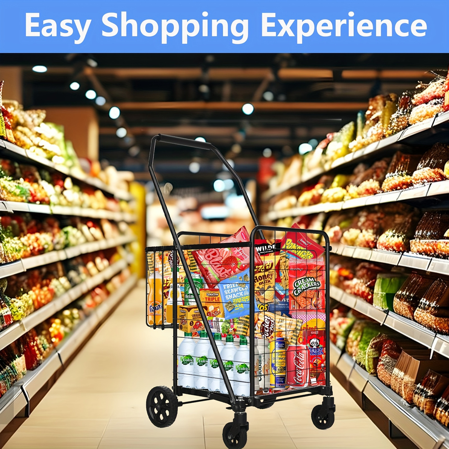 Folding Grocery Cart on Wheels Heavy Duty 132 LBS Capacity, Double Basket Shopping Cart for Groceries Laundry Foldable Utility Cart