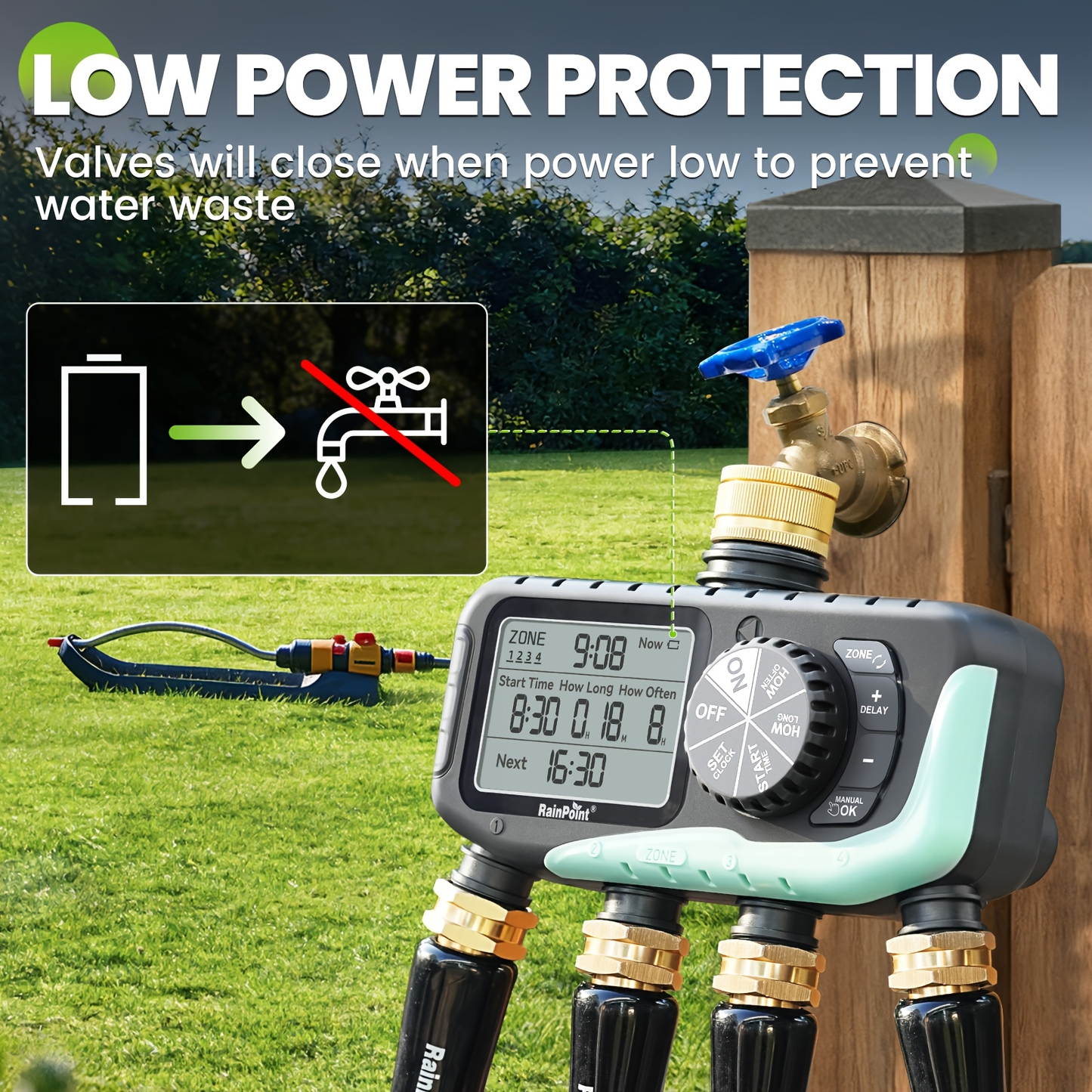 Garden Irrigation System 4-Zone – Automatic Watering Controller with Brass Head, Manual & Rain Delay Modes, Independent Zone Scheduling
