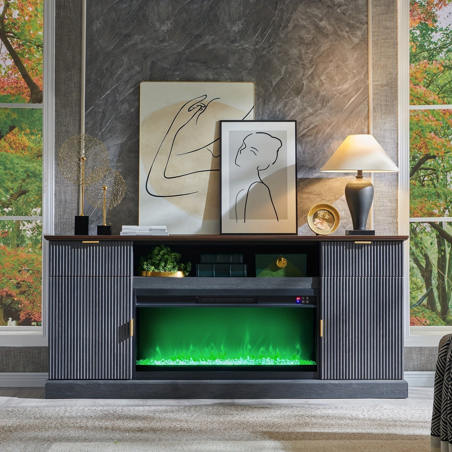 Electric Fireplace TV Stand for TVs Up to 80 Inch – 36" LED Flame Fluted Entertainment Center for Living Room with Built-In Heater