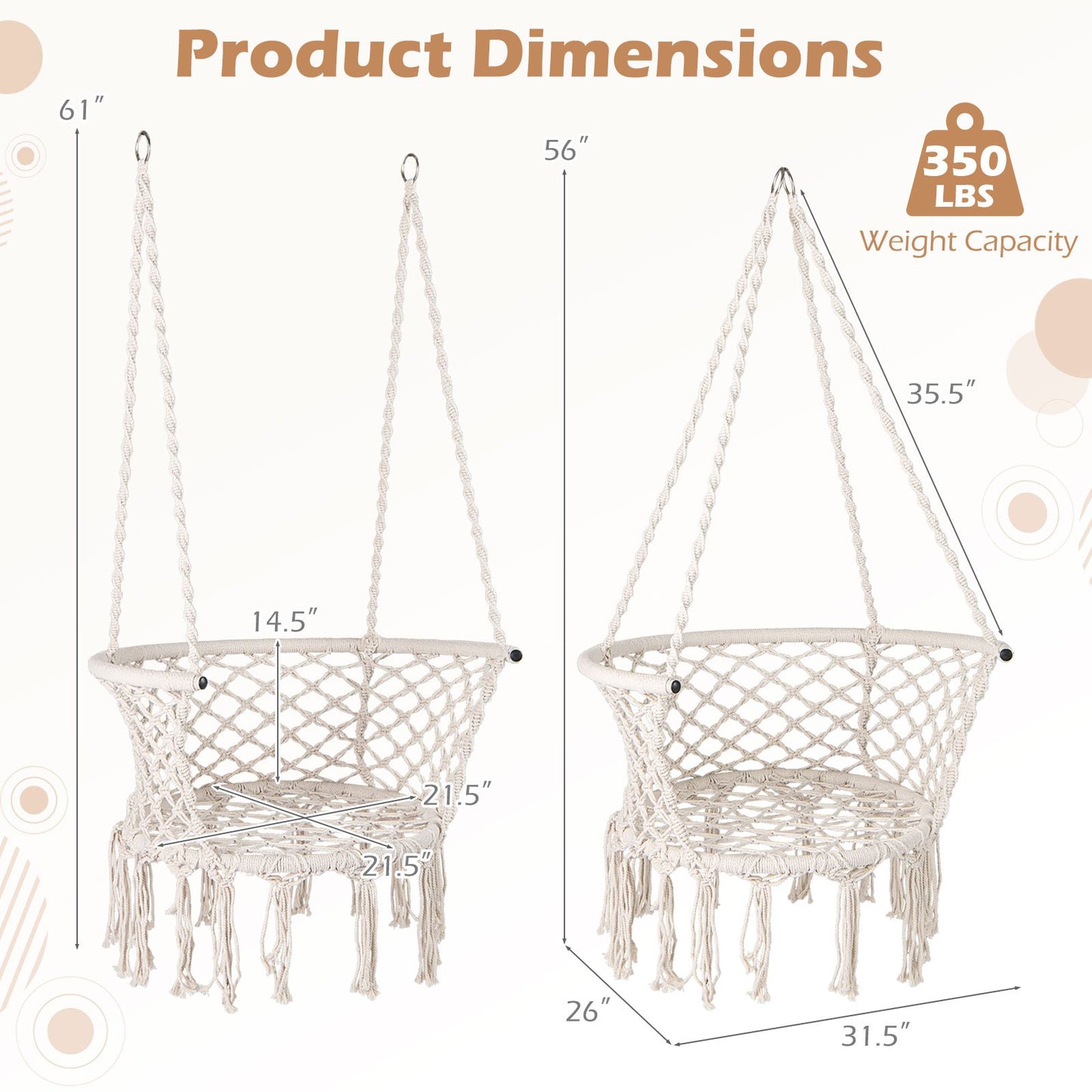Macrame Hammock Chair – Knitted Boho Swing Chair with Cotton Rope, 350 lbs Capacity, Hanging Chair for Indoor Outdoor Bedroom Patio Balcony Garden
