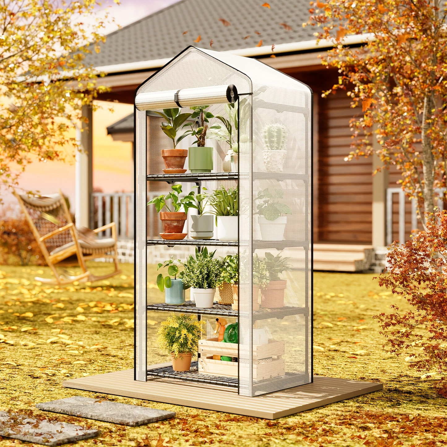 Tiered Greenhouse Shelves 3/4-Tier Portable Mini Plant Greenhouse with PE Cover & Aluminum Frame, Indoor Outdoor Warm House for Seedlings & Flowers, White & Green
