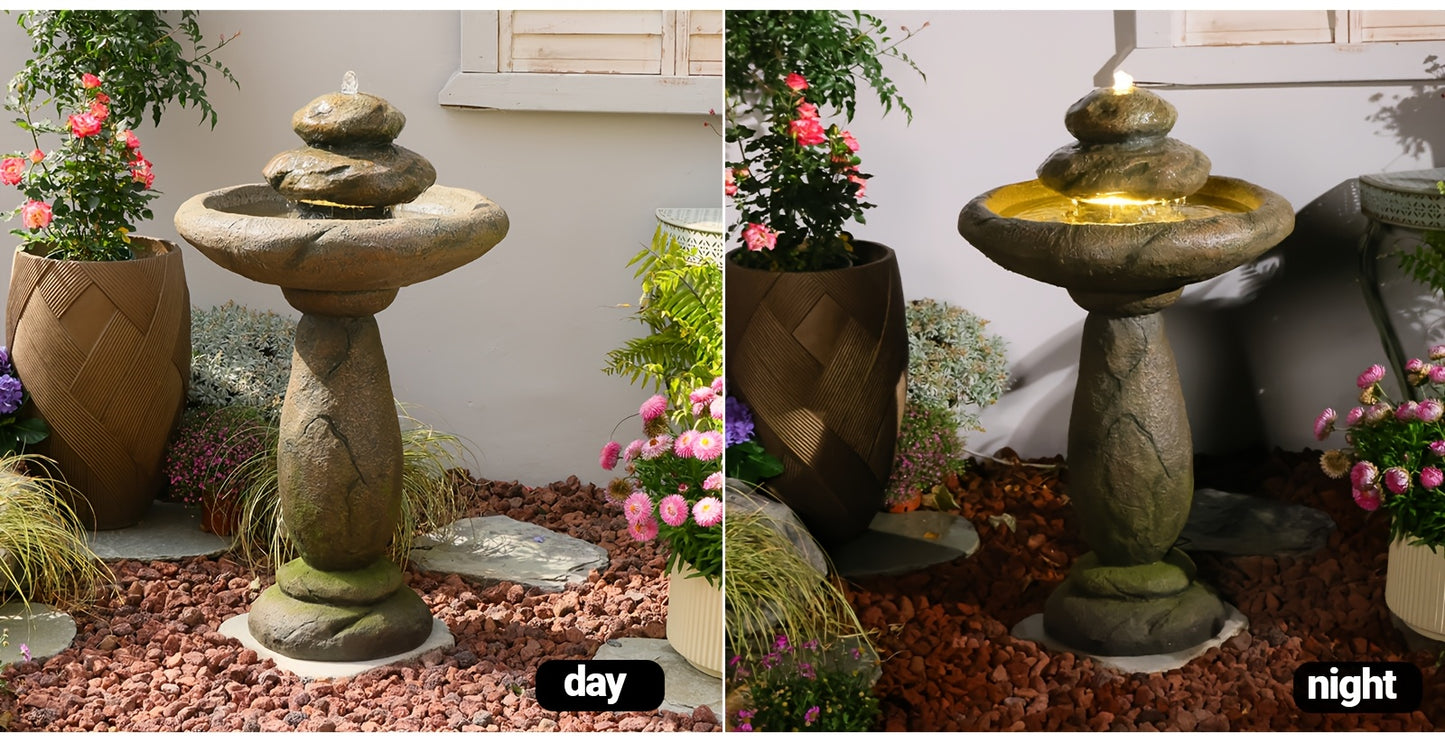 Garden Fountain 40.2 Inch Floor Standing Bird Bath Outdoor Fountain with LED Lights IPX8 Pump for Backyard Patio