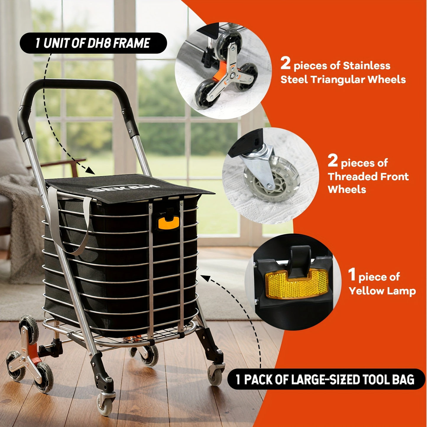 Stair Climbing Cart Collapsible Shopping Trolley with Swivel Wheels & Night Light, Portable Folding Utility Cart for Supermarket Camping Groceries Indoor Outdoor Use